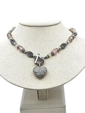 Toggle Necklace Reversible With Marcasite Crystal and Faceted Heart